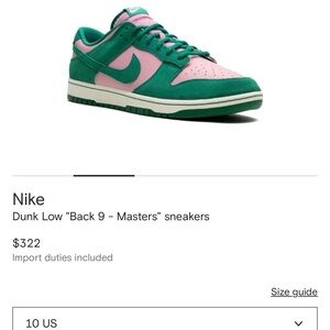 Nike Dunk Low Back 9 Masters Sneakers size 10